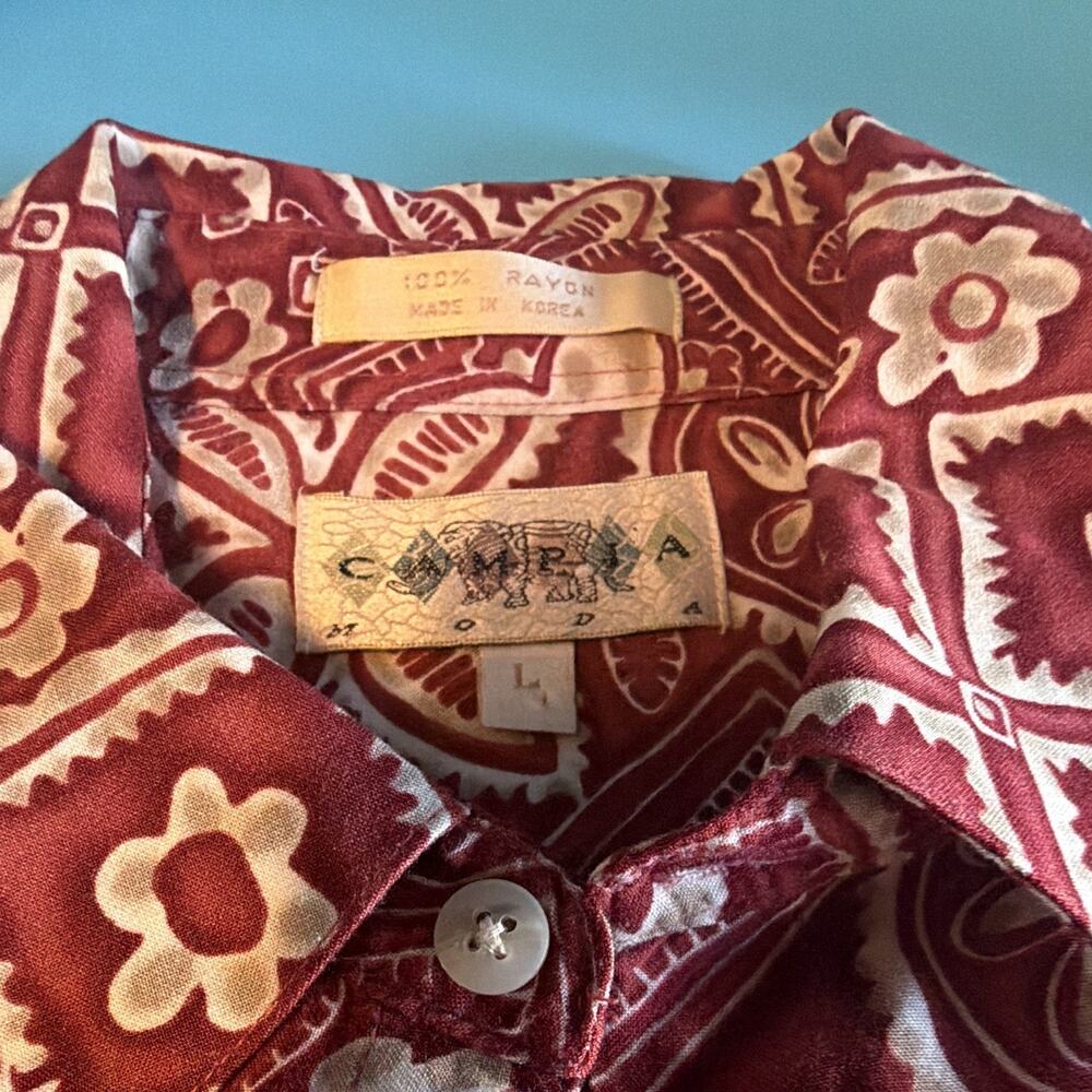 Cambria Men's L Red/White Floral Woven Rayon SS Spread Collar Button-Up